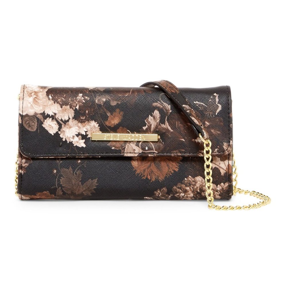 STEVE MADDEN Wallet On A String Gold Chain Brown Floral Bag